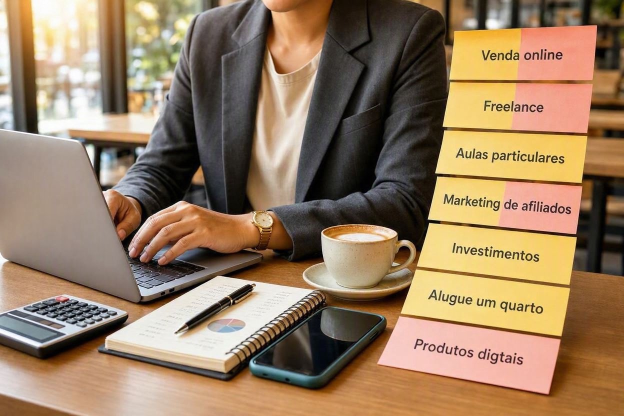 Profissional trabalhando no notebook com um café e planejamento financeiro, representando 7 dicas para aumentar minha renda com renda extra.